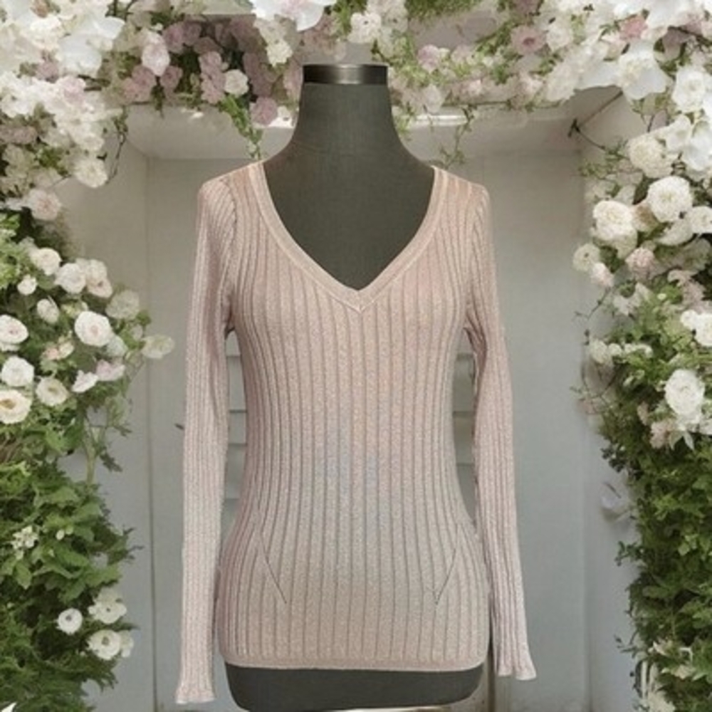 WHITE HOUSE BLACK MARKET Women Sweater S Pink Metallic Ribbed V Neck Pullover VG - Picture 3 of 8